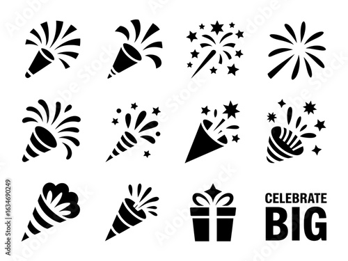 Celebration and Fireworks Icon Set – Black Vector Confetti Silhouettes


