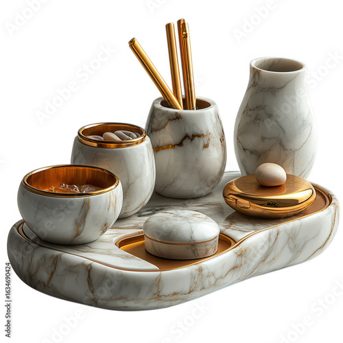 Elegant marble vanity set with gold accents for bathroom organization and decorative display isolated on transparent background