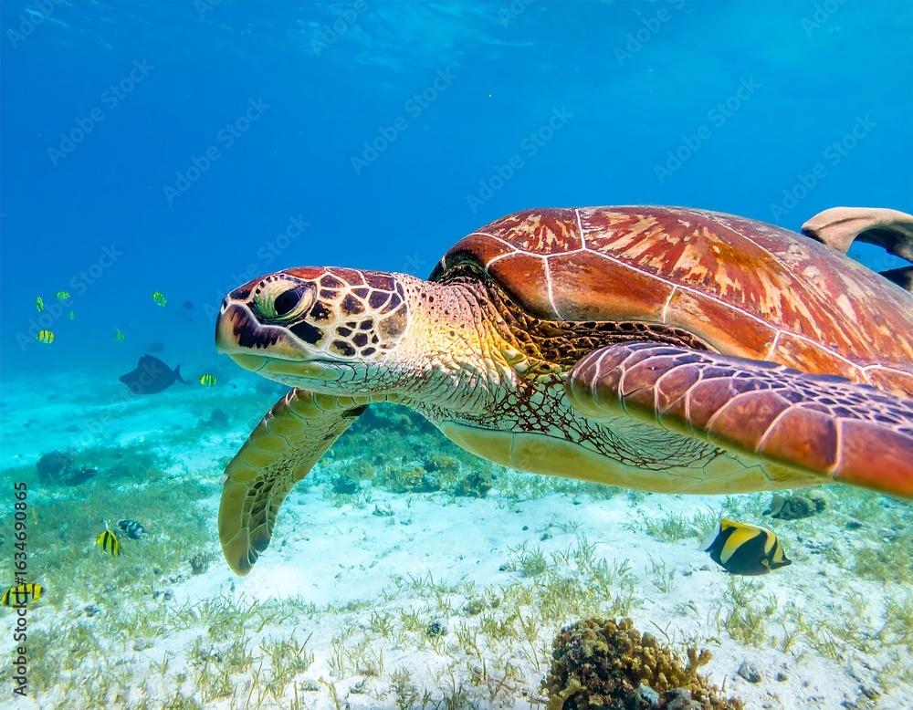 Fototapeta premium A magnificent sea turtle glides gracefully through the crystal-clear turquoise waters of the ocean, swimming above a sandy seafloor with small fish.