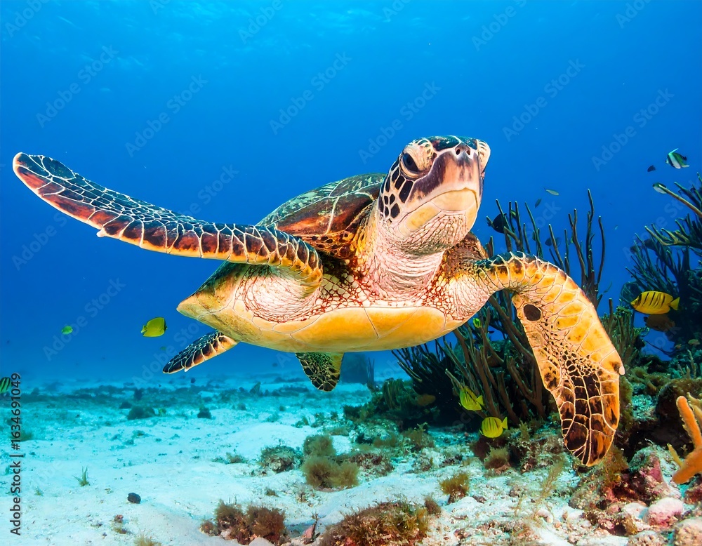 Fototapeta premium A magnificent sea turtle glides gracefully through the crystal-clear turquoise waters of the ocean, swimming above a sandy seafloor with small fish.