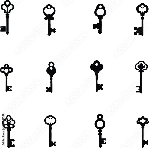 Silhouette collection of twelve decorative keys with various ornate top designs