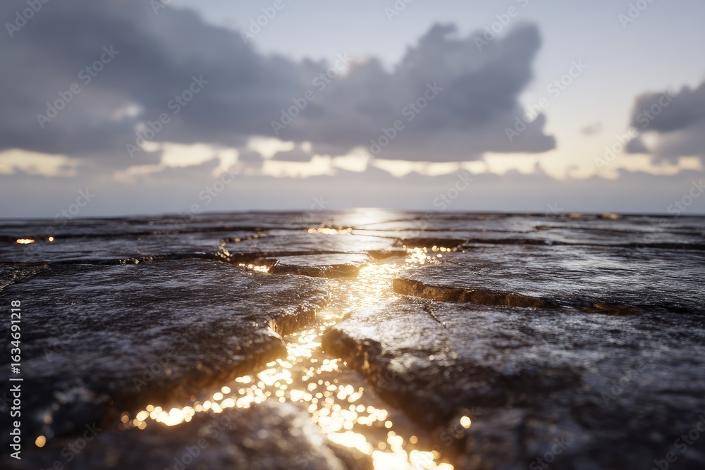 Obraz premium Cracked, dark stone surface reflects a setting sun's golden light, creating a shimmering path towards a hazy horizon under a cloudy sky