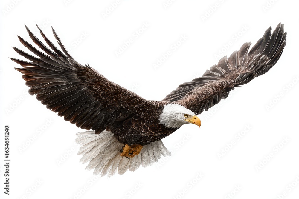 Naklejka premium Majestic bald eagle soaring high with wings spread wide against a clear blue sky, showcasing its powerful flight and impressive wingspan