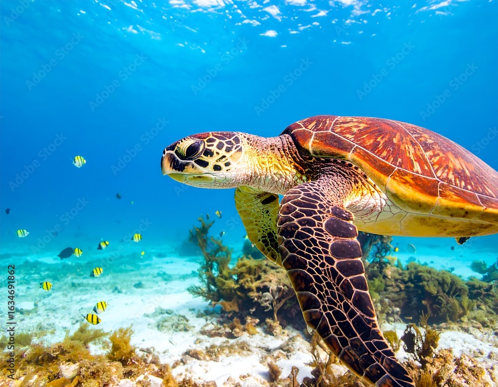 Fototapeta premium A magnificent sea turtle glides gracefully through the crystal-clear turquoise waters of the ocean, swimming above a sandy seafloor with small fish.