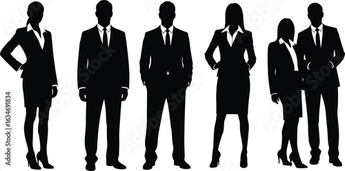 Corporate business team silhouettes in formal attire, professional group, teamwork, leadership, office environment, collaboration, executive success strategy