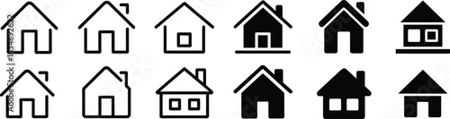 House icons, black and white vector, minimalist design, roof styles, window shapes, chimney details, home symbols, architecture, building
