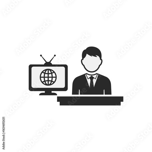 Person stands at a podium next to a television showing a globe icon.
