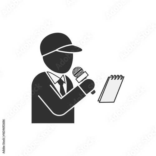 Person with cap holding microphone and notepad giving speech or interview.