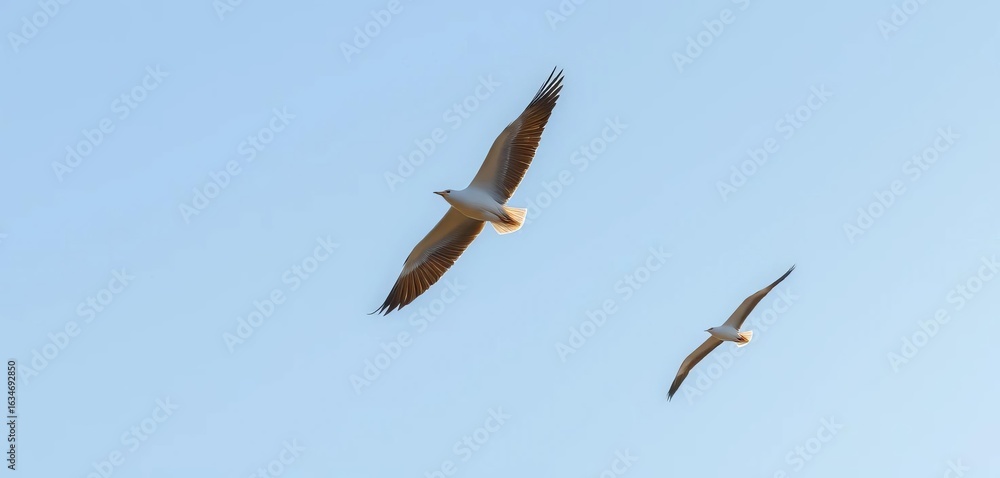 Fototapeta premium Birds soaring in a vast, clear sky, symbolizing growth and freedom, majestic, limitless
