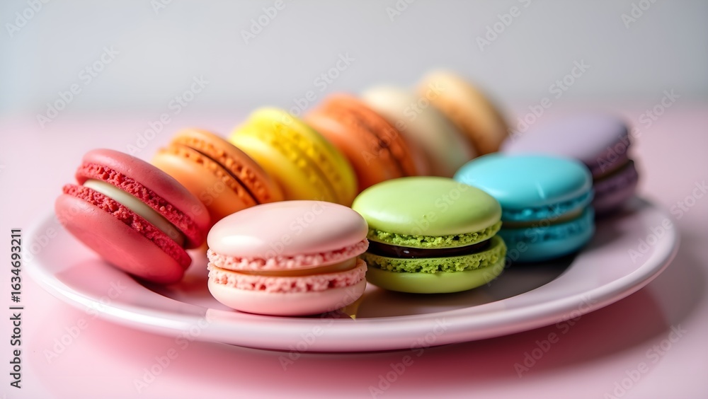 Fototapeta premium Rainbow Macarons Lined on Pastel Plate in Symmetrical Arrangement