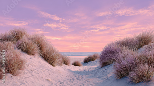 Grassy dunes at sunset with pastel pink and orange sky over sandy beach