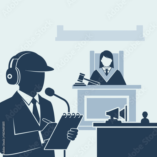 Court scene with judge gavel microphone speaker person wearing headphones and hardhat.