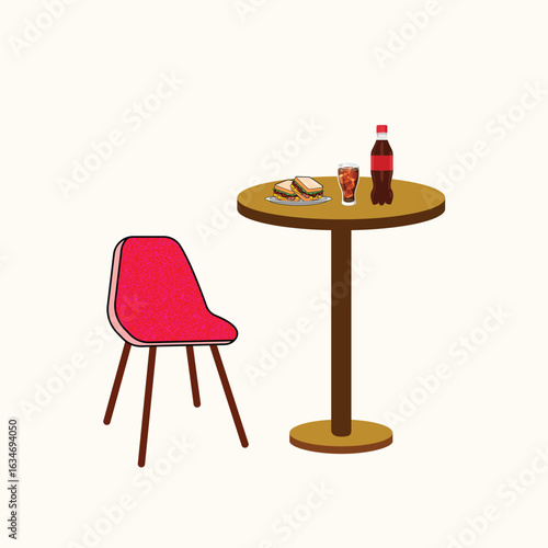 Cafe scene Table, chair, food, and drink