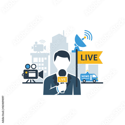 Reporter with microphone camera satellite dish and live flag in city scene.