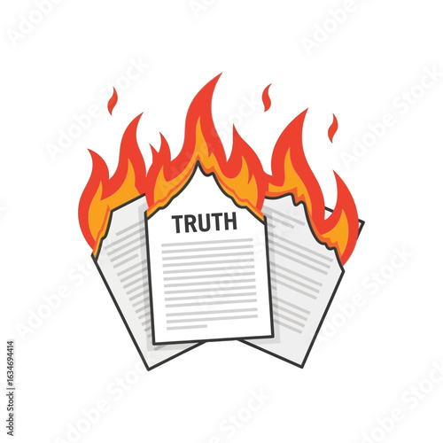 Stack of papers labeled "truth" engulfed in flames burning and destroyed.