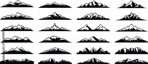 Mountain silhouettes, vector set, black and white, jagged peaks, rounded hills, nature icons, landscape, outdoor, terrain, illustration