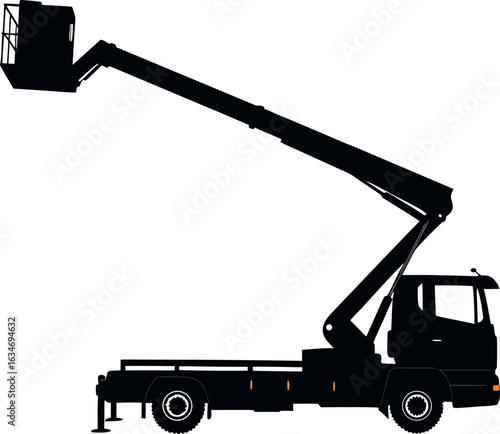 silhouette of aerial work platform on bucket  with truck eps on white background