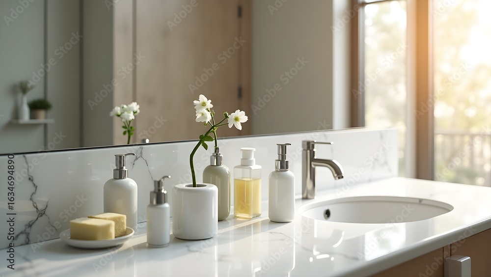 Fototapeta premium Modern Bathroom Product Set with Mirror Reflections