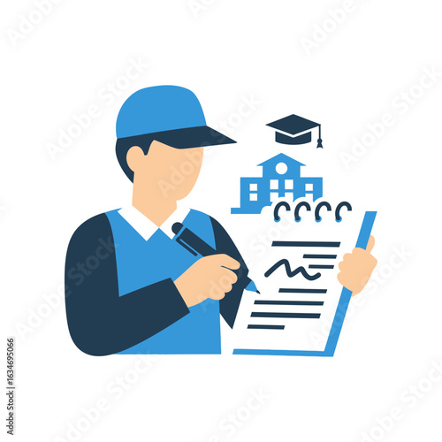 Person in cap holds clipboard with documents school building and graduation cap.