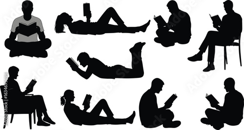 Reading people silhouettes, book lovers, sitting, lying down, cross-legged, chair, floor, vector illustration, black, grey shirt, education