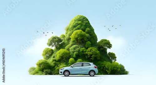 A light blue car parked in front of a green hill with birds flying in a light blue sky backdrop