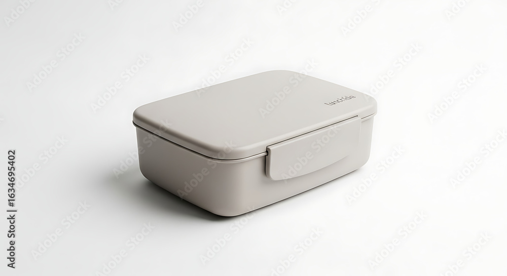 Fototapeta premium A closed light gray rectangular lunchbox with a secure latch on a white surface in a studio setting ai generated