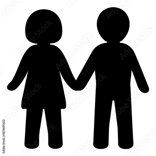 Black Silhouette of Couple Holding Hands Icon, Minimal black silhouette of a man and woman holding hands, representing love, unity, friendship, or gender equality on white background.  
