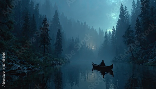 A lone figure in a canoe glides through a misty, dark forest at night