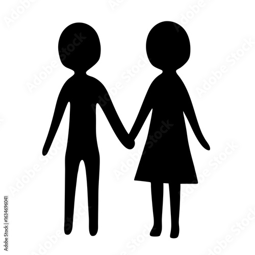 Black Couple Holding Hands Silhouette Icon, Black silhouette of a man and woman holding hands, symbolizing love, friendship, partnership, or family connection on a white background.  
