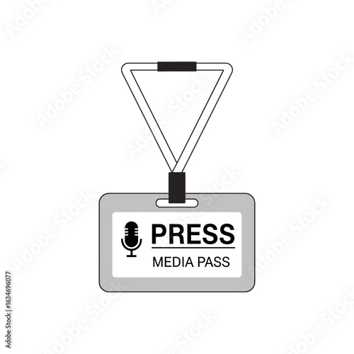 Media pass badge with microphone icon and text press media pass on lanyard.
