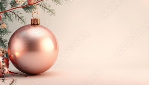 Elegant Rose Gold Christmas Ornaments Displayed on a Cream Background Space