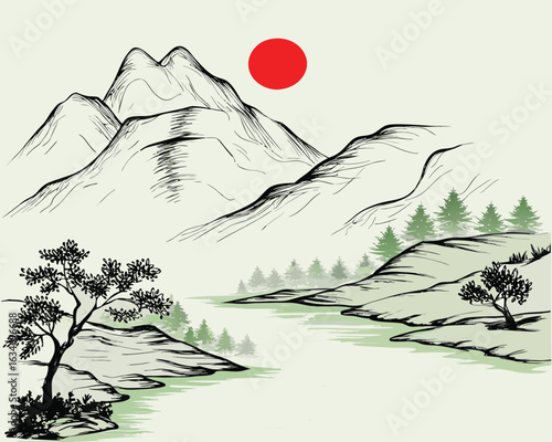 simple landscape drawing line art eps vector