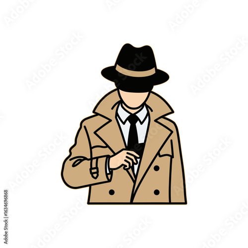 Man in trench coat and hat adjusting his watch or cuff.