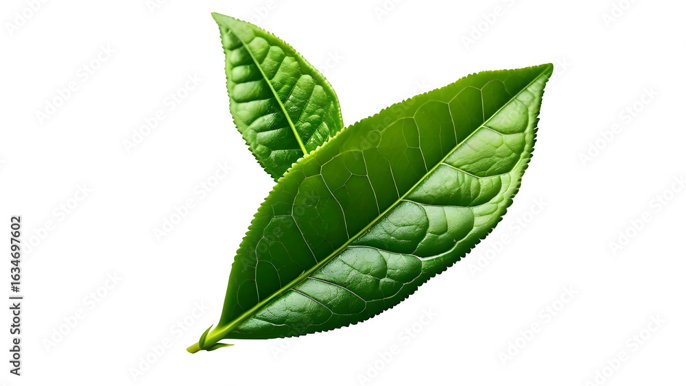 Fototapeta premium a fresh green tea leaf on a white background for design purposes, flat lay