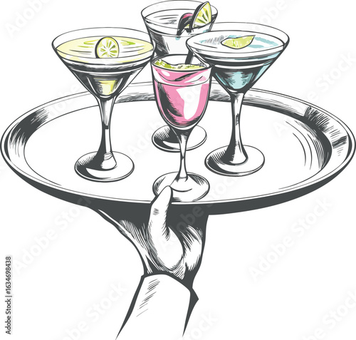 waiter holding serving tray with cocktail glasses  eps on white background