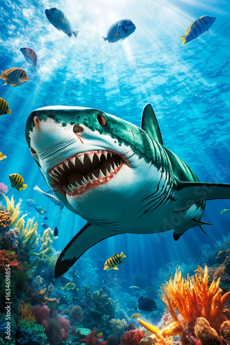 A shark swimming in the ocean surrounded by fish