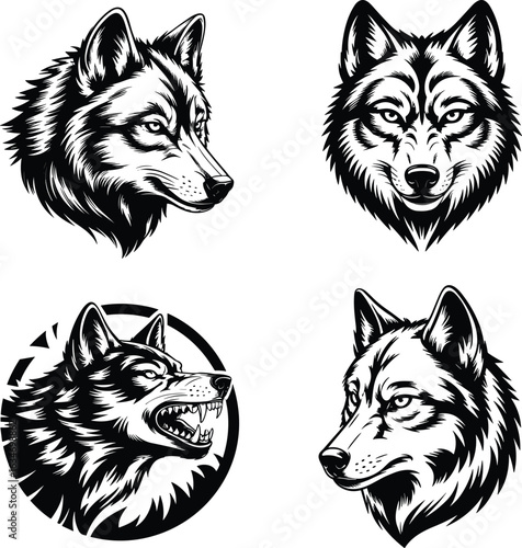 Black and White Wolf Head Illustration Set – Tribal and Realistic Styles