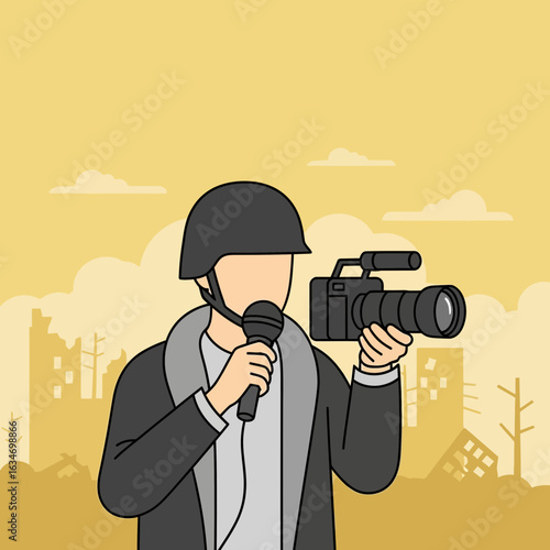 Man wearing helmet holds microphone and camera reporting news in a city.