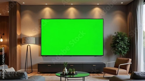 Modern living room with large green screen TV for custom content display and design