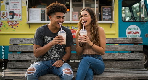 Couple laughing and sharing a milkshake in front of a food truck