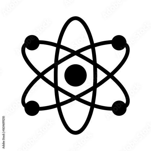 Black Atom Symbol Icon Representing Science and Physics, Black silhouette of an atom with orbiting electrons, symbolizing science, physics, energy, or atomic structure, on a white background.
