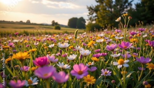 Colorful Wildflower Meadow Under Soft Golden Sunset in Rural Landscape