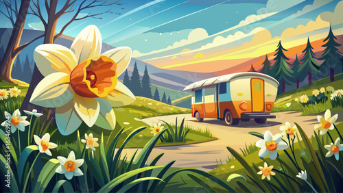 very Beautiful Daffodil spring flower and caravan in the distance