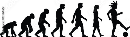Human evolution silhouette, showing the transition from early primates to modern humans, with a final dynamic athletic pose