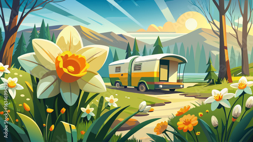 very Beautiful Daffodil spring flower and caravan in the distance