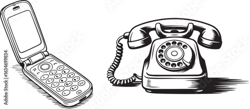 Vector illustration of communication evolution, showing a vintage rotary telephone and a classic flip mobile phone.