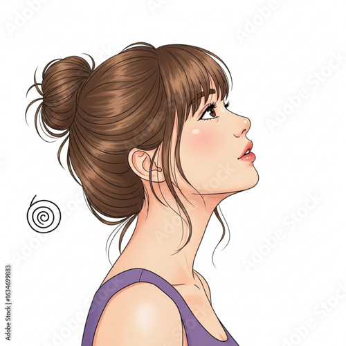 Vector art of beautiful woman with brown hair in a bun looking up isolated on white background