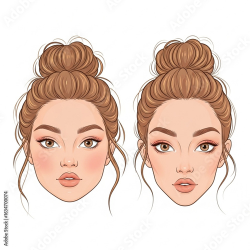 Vector art of two beautiful woman faces with brown hair in a bun isolated on white background