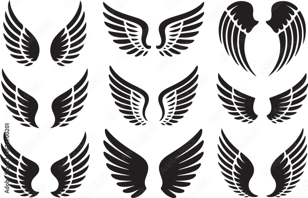 Fototapeta premium Vector wings icon set. Collection of black silhouette bird and angel wings for logo, tattoo, and heraldry design elements.