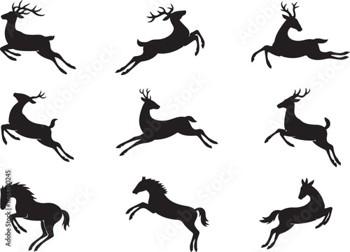 A collection of dynamic animal silhouettes with leaping deer and prancing horses. Set of isolated vector graphic elements.